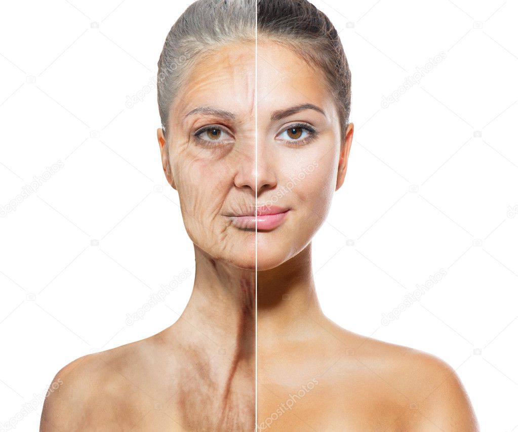Aging and Skincare Concept. Faces of Young and Old Women