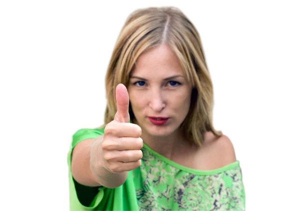 Beautiful woman giving thumbs up for approval — Stock Photo, Image