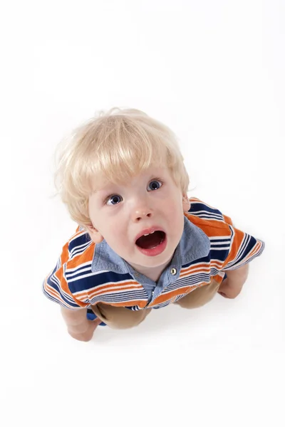 Adorable blonde hair baby boy screaming and crying — Stock Photo, Image