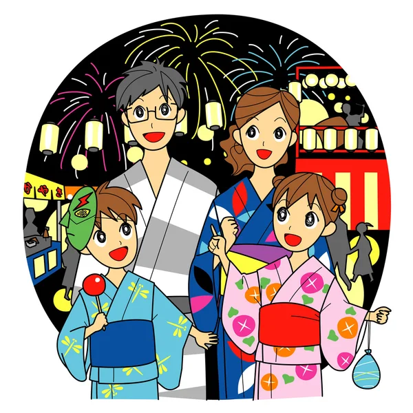 Sommerfest in Japan, Yukata, Kimono für den Sommer, Familie — Stockvektor