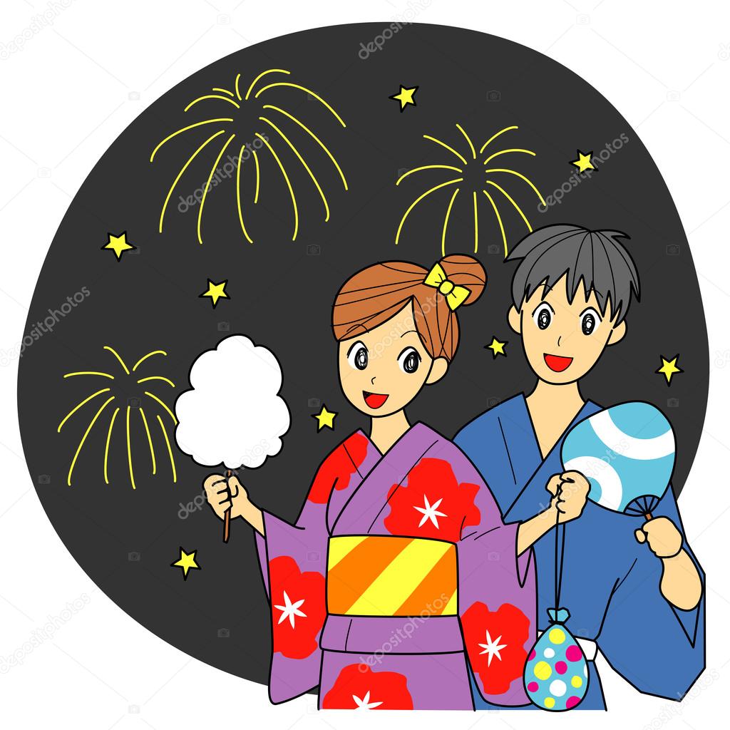 fireworks in Japan, young couple, yukata
