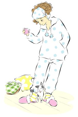 Young woman in pajamas with a little cat clipart