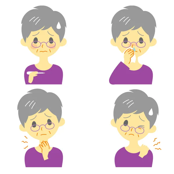 Disease Symptoms 02, fever, sore throat,dripping nose, stiff neck, expressions, old woman — Stock Vector