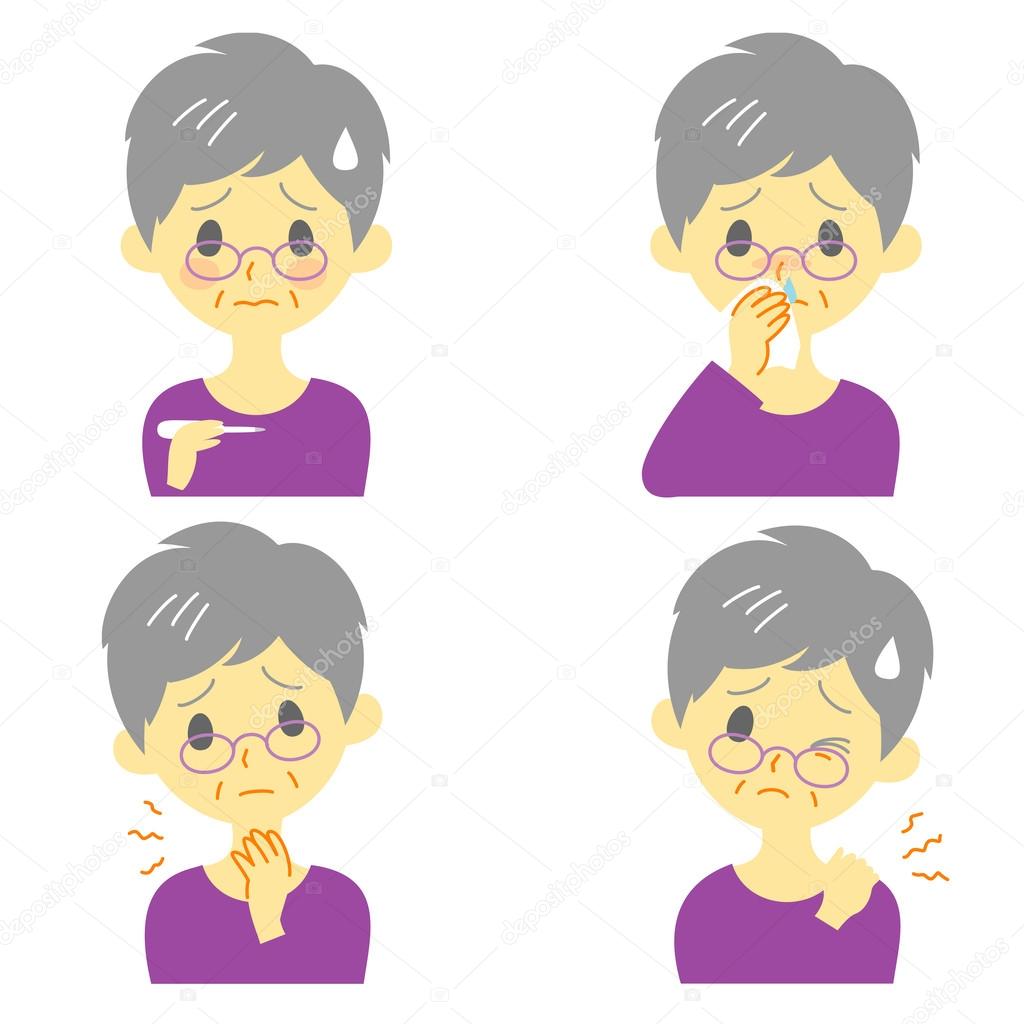Disease Symptoms 02, fever, sore throat,dripping nose, stiff neck, expressions, old woman