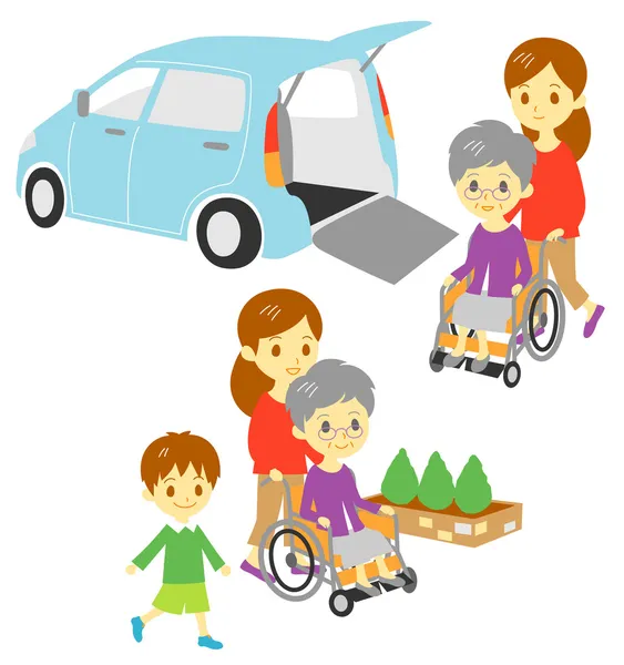 Mulher velha em cadeira de rodas, veículo adaptado, família — Vetor de Stock