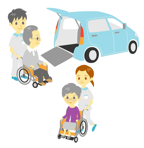 Old in wheelchairs, Adapted Vehicle, carers — Stock Vector