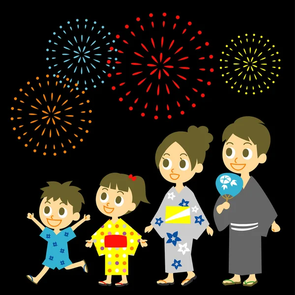 Tampilan kembang api di Jepang, Keluarga di Yukata, kimono untuk musim panas - Stok Vektor