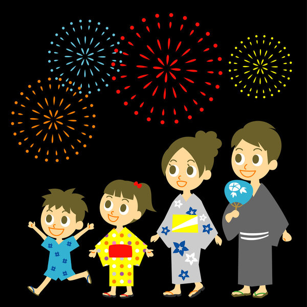 Fireworks display in Japan, Family in yukata, kimono for summer