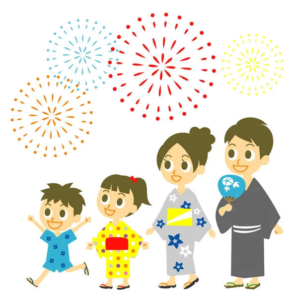 Tampilan kembang api di Jepang, Keluarga di Yukata, kimono untuk musim panas - Stok Vektor