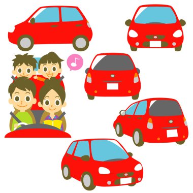 FAMILY in a car, red car illustration clipart