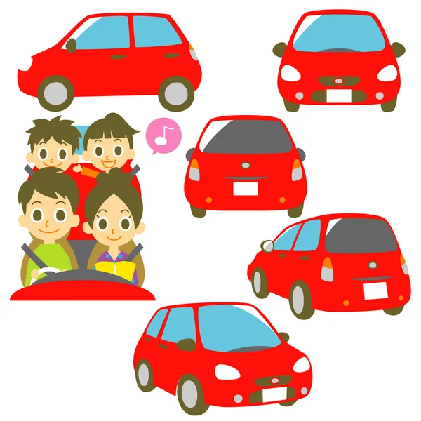 Familjen i en bil, röd bil bild — Stock vektor