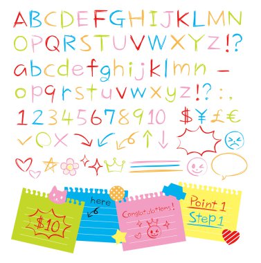 Colored pencil hand drawn style alphabets set