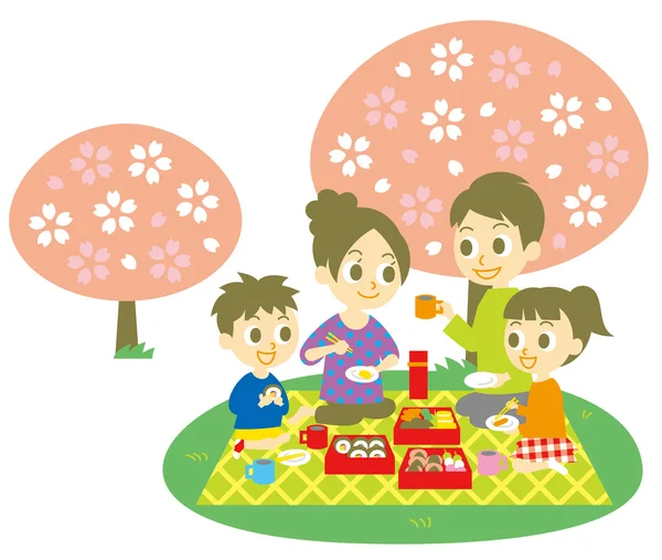 Ohanami, familia, fiesta de flores de cerezo — Vector de stock