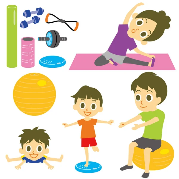 Family Exercising Home Tools Vector Illustration File — Archivo Imágenes Vectoriales