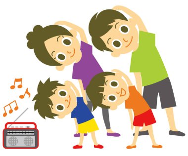 Genç aile, Japon radyo jimnastiği, ısınma, beyaz arkaplan çizimi