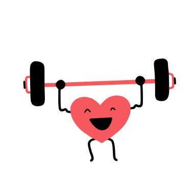 Strong health, immunity concept. The heart trains with a barbell. Cardio workout. Flat cartoon vector illustration, hand drawn style.