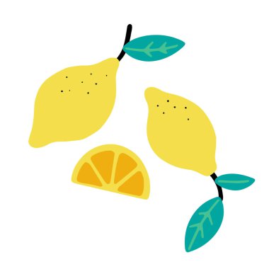 Lemons isolated on white background. Flat cartoon vector illustration, hand drawn style.