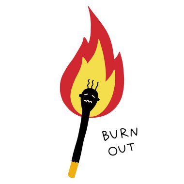 Burning match, professional burnout concept, isolated on white background. Flat cartoon vector illustration isolated on white background, hand drawn style clipart