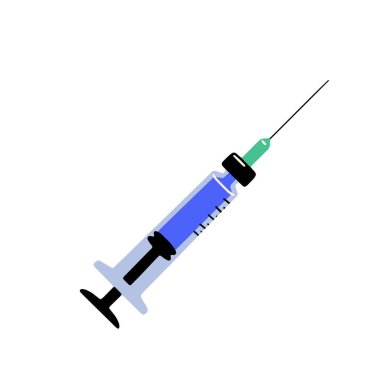 Medical syringe with needle isolated on white background. Flat cartoon vector illustration, concept of vaccination, injection. Hand drawn style. 