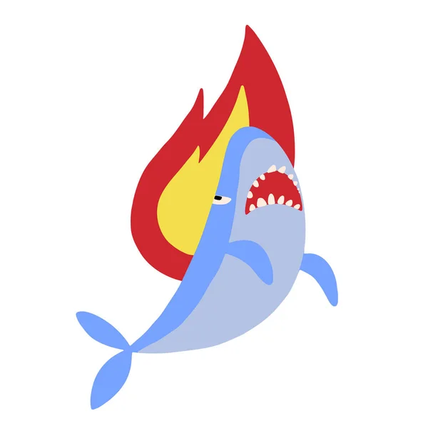 Sad Shark Fire Stress Concept Isolated White Background Flat Cartoon — Vettoriale Stock