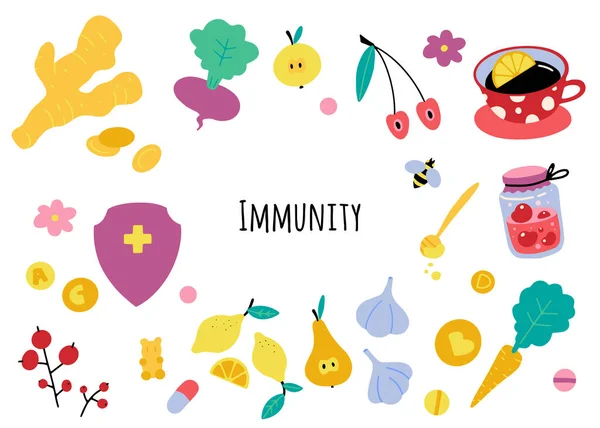 Bundle Vector Illustration Immunity Theme Set Natural Vitamins Healthy Foods — Wektor stockowy
