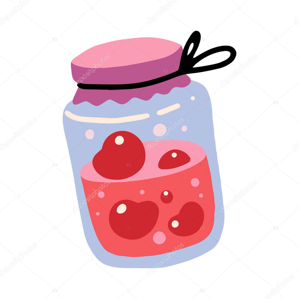 Jar compote, homemade jam, canned berries and fruits isolated on white background. Flat cartoon vector illustration, hand drawn style.