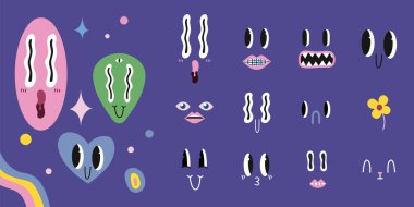 Haracter oluşturucu. Kalp, yüz, duyguları, gözleri ve ağzı olan bir uzaylı. El çizimi moda Vektör çizimi. Sevimli komik karakterler. Tüm elementler izole edildi