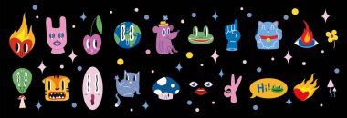 Bir sürü komik komik karakter ve kaplan, kiraz, uzaylı, yanan kalp gibi karalamalar. Çizgi film düz tasarımında elle çizilmiş Vektör çizimi. Modern moda tasarım. Çıkartma biçimi.