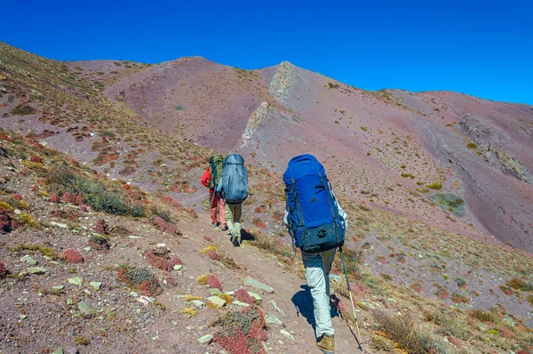 レーに対して道路上を実行しているグループの登山者 — ストック写真