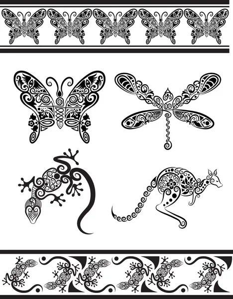 Dierlijke ornamenten (vlinder, Libel, gecko, kangoeroe) — Stockvector