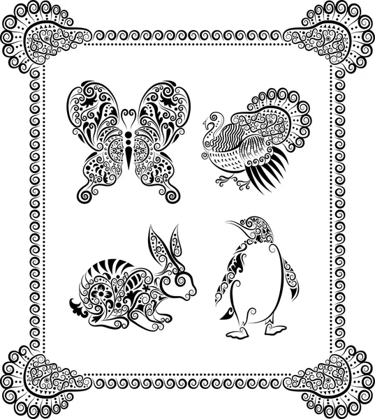 Dierlijke ornamenten (konijn, pinguïn enz) — Stockvector