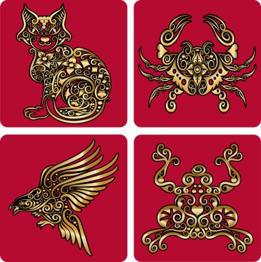 Golden animal ornaments (cat, crab, bird, frog) clipart