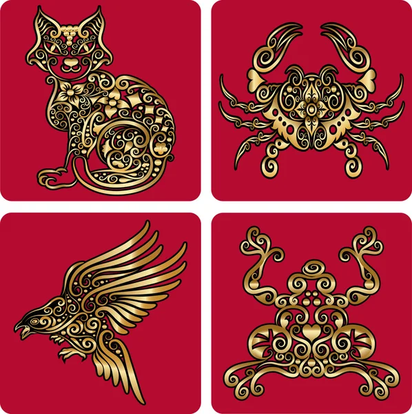 Goldene Tierverzierungen (Katze, Krabbe, Vogel, Frosch)) — Stockvektor