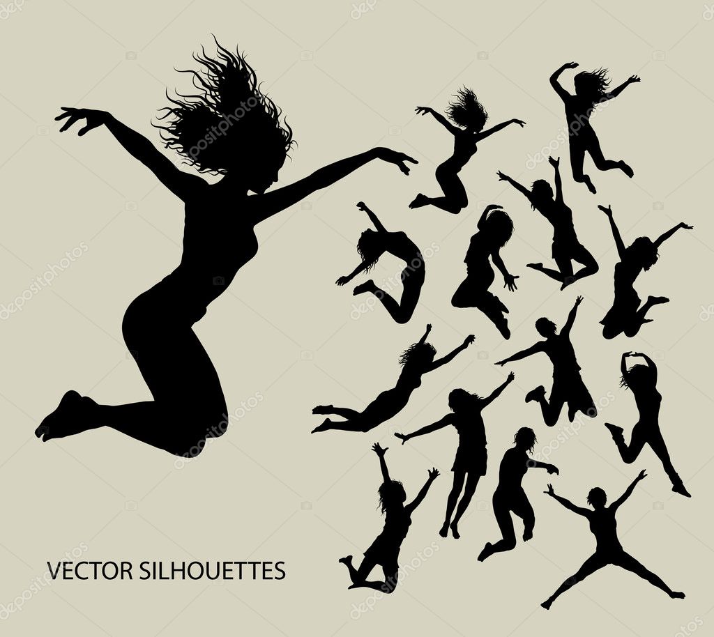 13 Female jumping action silhouettes vector. Good use for your symbol, logo, sticker, wallpaper, background, or any design you want. Easy to edit or change color.