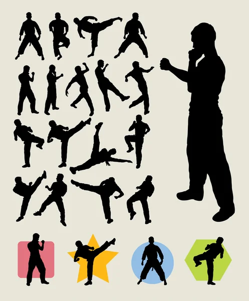 Karateka Kick Silhouettes. Serie de Arte Marcial — Vector de stock