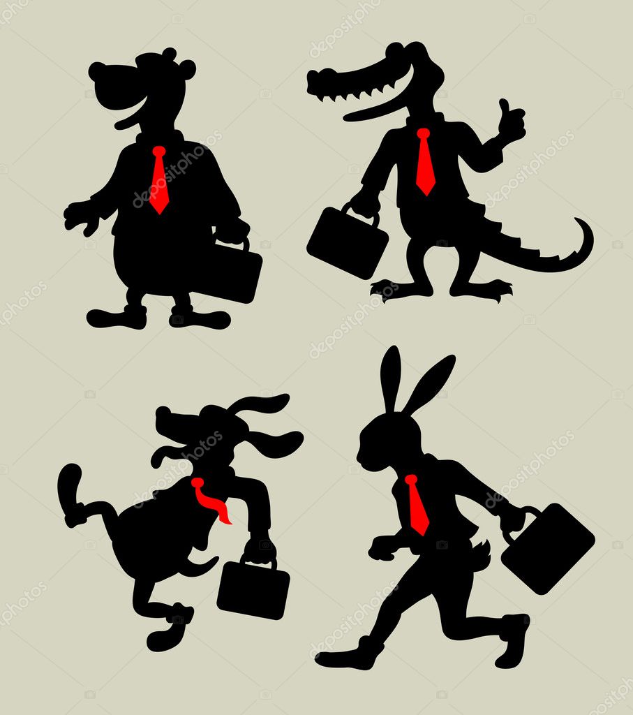 Four animals with suitcase in business activity silhouettes. Good use for symbol, logo, character, icon, sticker design, or any design you want. Easy to use or edit.