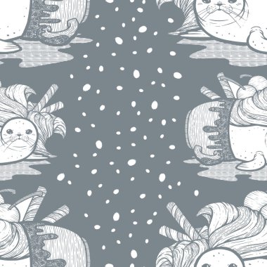 Dondurmanın içindeki fok balığının şirin bir çizimi. Şirin, erimiş, fok birikintisi. İki kepçe dondurma, kiraz ve biraz gofret..