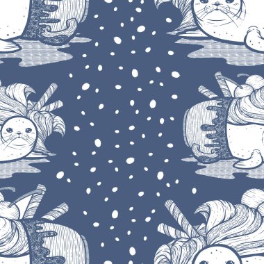 Dondurmanın içindeki fok balığının şirin bir çizimi. Şirin, erimiş, fok birikintisi. İki kepçe dondurma, kiraz ve biraz gofret..