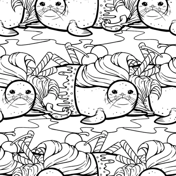 Симпатична Ілюстрація Печатки Філіжанці Мила Розтоплена Запечатана Калюжа Комплекті Двома — стоковий вектор