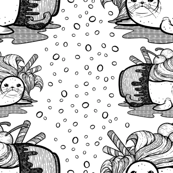 Симпатична Ілюстрація Печатки Філіжанці Мила Розтоплена Запечатана Калюжа Комплекті Двома — стоковий вектор