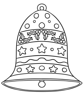 Noel çanı süslemesinin basit bir taslak çizimi. Çizgi sanatında Noel çanı dekorasyonunun eğlenceli bir boyama kitabı. Sevimli bir mevsimlik tatil etkinliği renklendirmesi..