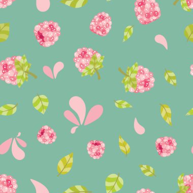 Taze ve lezzetli, ahududulu, dikişsiz bir desen. Tatlı, yuvarlak ve sulu meyvelerle dolu şirin desenli bir tasarım. Yapraklar ve birkaç damla su ile tamamlanmış..