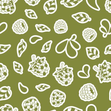 Taze ve lezzetli, ahududulu, dikişsiz bir desen. Tatlı, yuvarlak ve sulu meyvelerle dolu şirin desenli bir tasarım. Yapraklar ve birkaç damla su ile tamamlanmış..