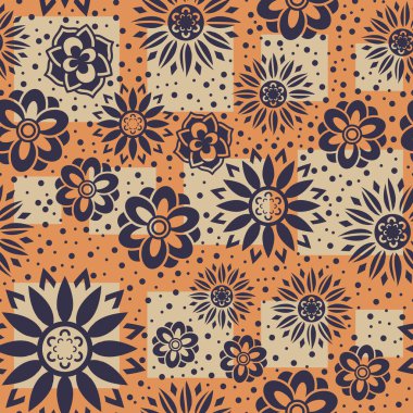 Bir dizi güzel ve basit geometrik çiçek, tam renkli. Ana elementler olarak çiçekli şeyleri kullanan pürüzsüz bir yüzey deseni tasarımı.