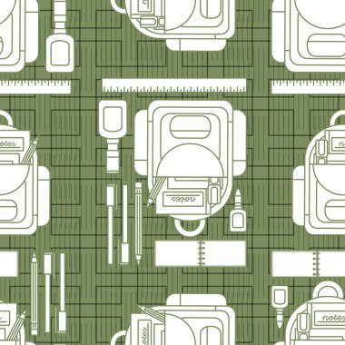 Okul ve ofis ile ilgili, sırt çantası, kalem, kalem ve diğerleri gibi kusursuz desenli bir tasarım olarak eğlenceli bir illüstrasyon. 
