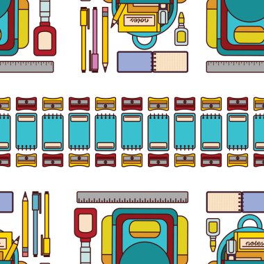 Okul ve ofis ile ilgili, sırt çantası, kalem, kalem ve diğerleri gibi kusursuz desenli bir tasarım olarak eğlenceli bir illüstrasyon. 