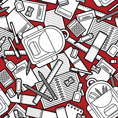 Okul ve ofis ile ilgili, sırt çantası, kalem, kalem ve diğerleri gibi kusursuz desenli bir tasarım olarak eğlenceli bir illüstrasyon. 
