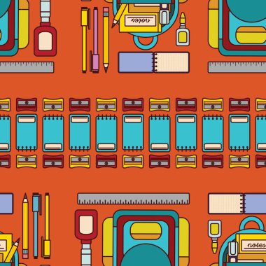 Okul ve ofis ile ilgili, sırt çantası, kalem, kalem ve diğerleri gibi kusursuz desenli bir tasarım olarak eğlenceli bir illüstrasyon. 
