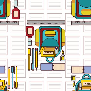 Okul ve ofis ile ilgili, sırt çantası, kalem, kalem ve diğerleri gibi kusursuz desenli bir tasarım olarak eğlenceli bir illüstrasyon. 