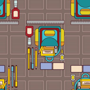 Okul ve ofis ile ilgili, sırt çantası, kalem, kalem ve diğerleri gibi kusursuz desenli bir tasarım olarak eğlenceli bir illüstrasyon. 